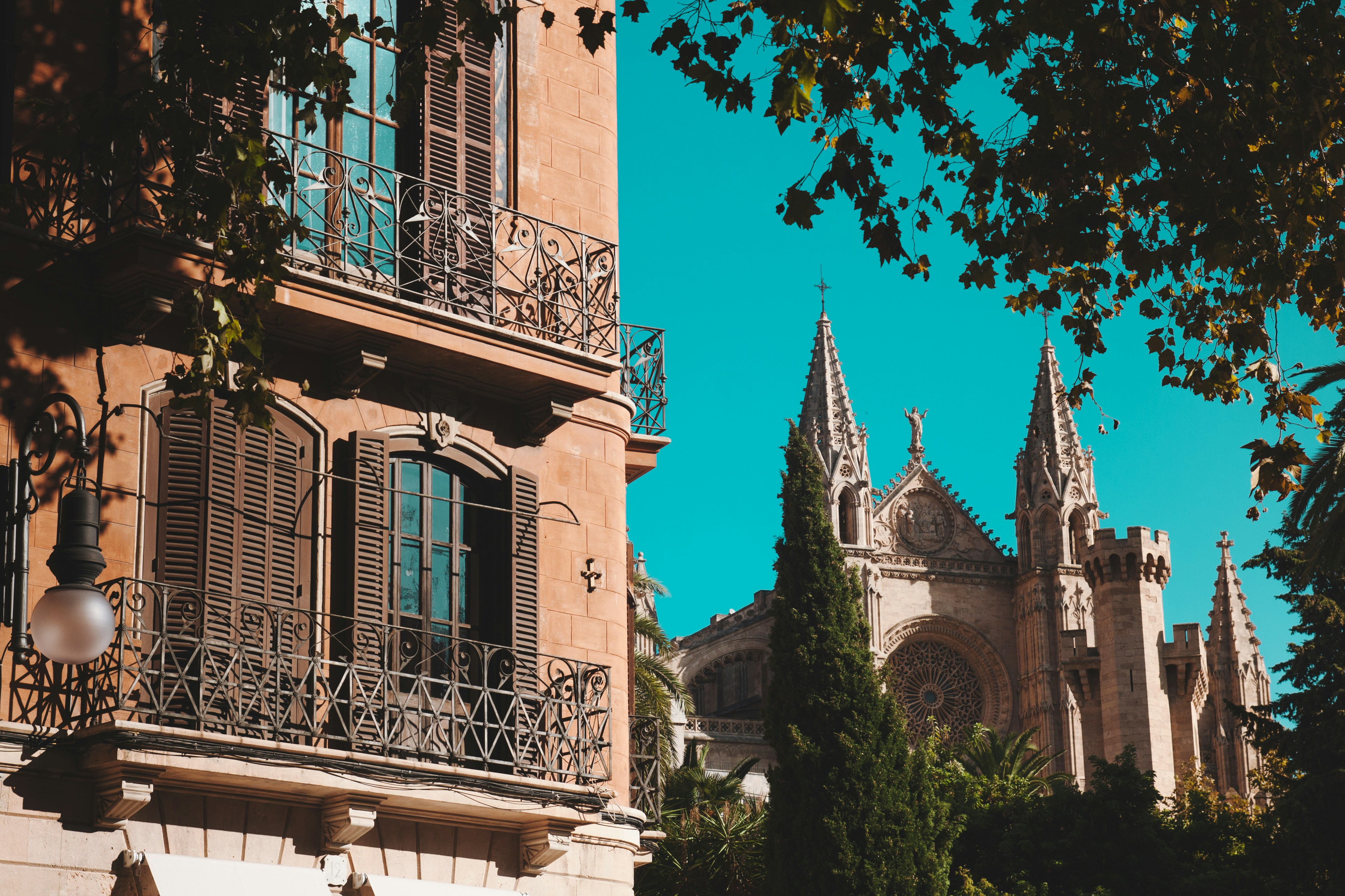 Palma de Mallorca cathedral spires seen from a balcony