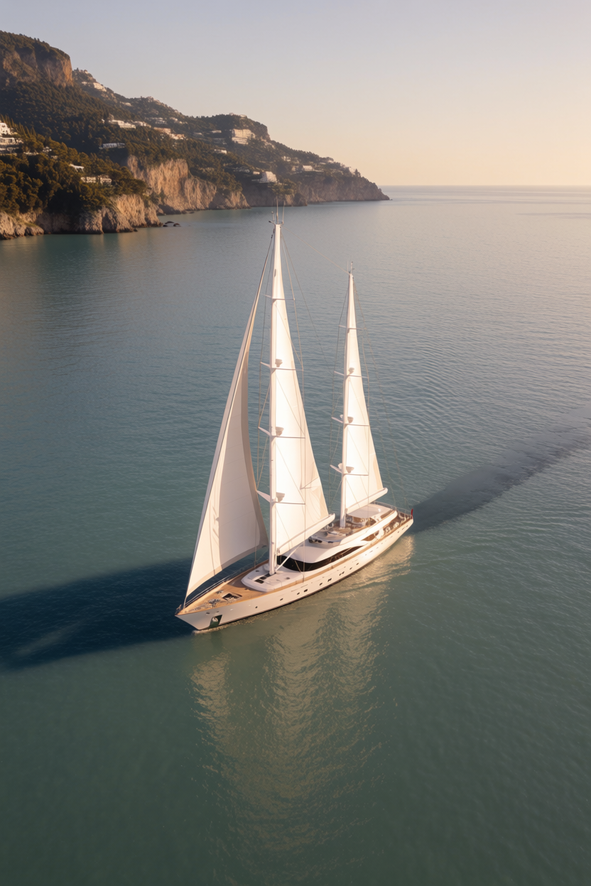 Sailing yacht under full sail along the Mallorcan coast